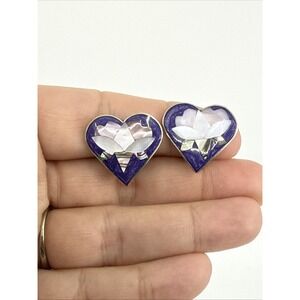 Vintage Alpaca Mexico Heart Earrings Abalone Mother Of Pearl Lapis Inlay Clip On